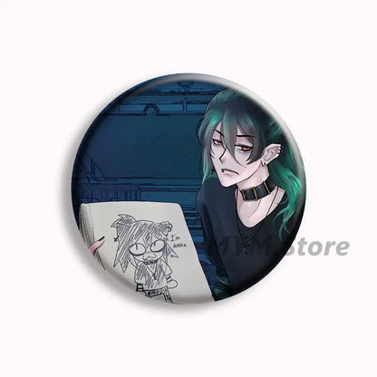 Circular button pins featuring an anime character with green hair holding a sketch in the kid at the back brugmansia button