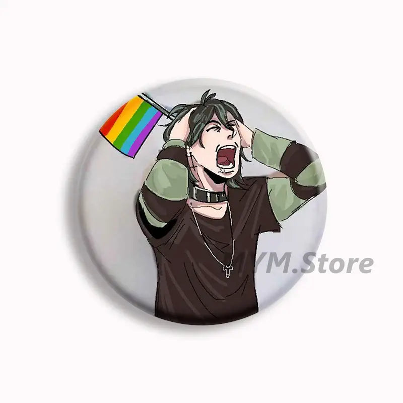Circular brugmansia button pin featuring an anime character with dark hair holding a rainbow flag from the kid at the back
