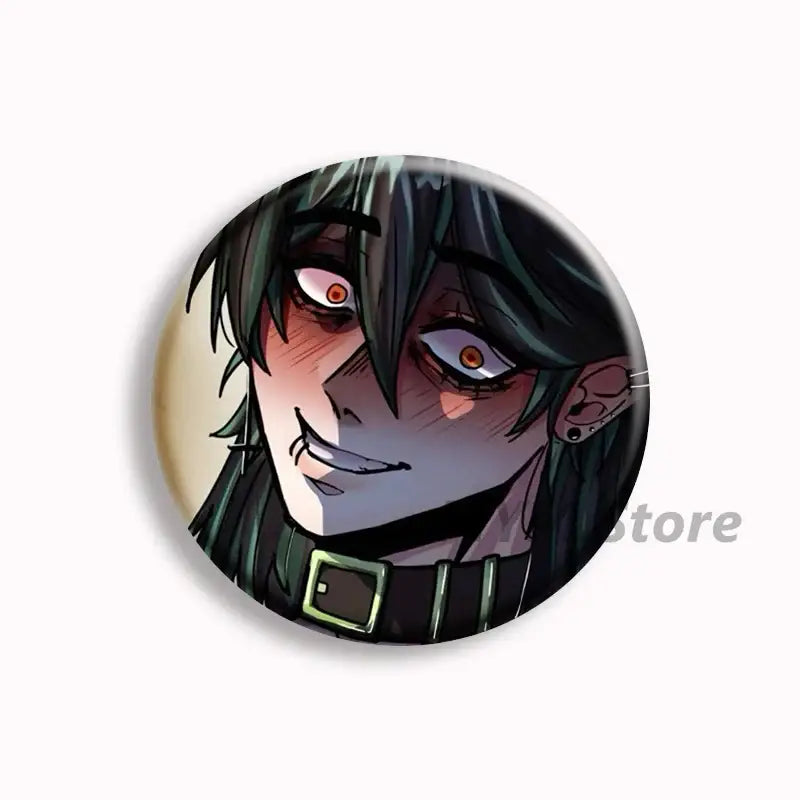 Circular button pins featuring an anime character with dark green hair and orange eyes from the brugmansia button collection