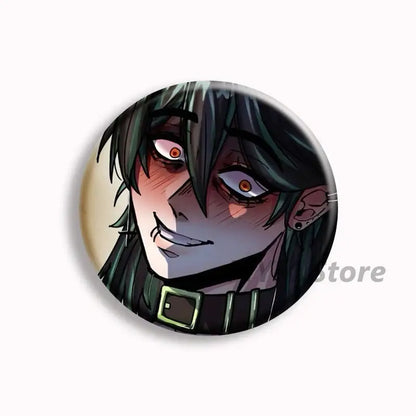 Circular button pins featuring an anime character with dark green hair and orange eyes from the brugmansia button collection