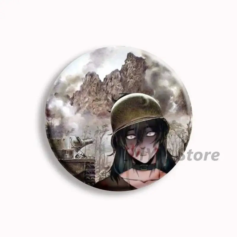 Circular button pin featuring an anime character with dark hair and a green military helmet against rocky mountains smoke, brugmansia button pin