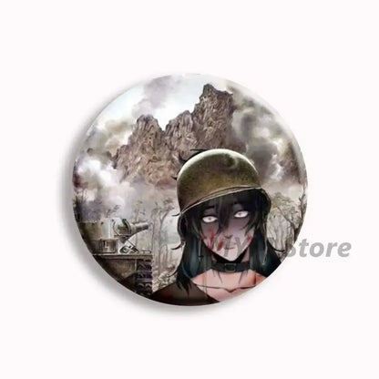 Circular button pin featuring an anime character with dark hair and a green military helmet against rocky mountains smoke, brugmansia button pin