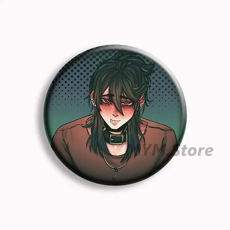 Circular button pins featuring an anime character with dark hair red eyes in a brown outfit on a teal brugmansia button background