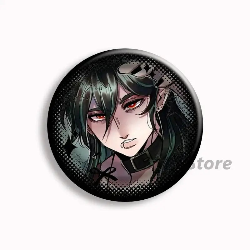 Black circular button pins featuring an anime character with dark green hair and red eyes from brugmansia button collection