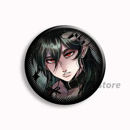 Black circular button pins featuring an anime character with dark green hair and red eyes from brugmansia button collection