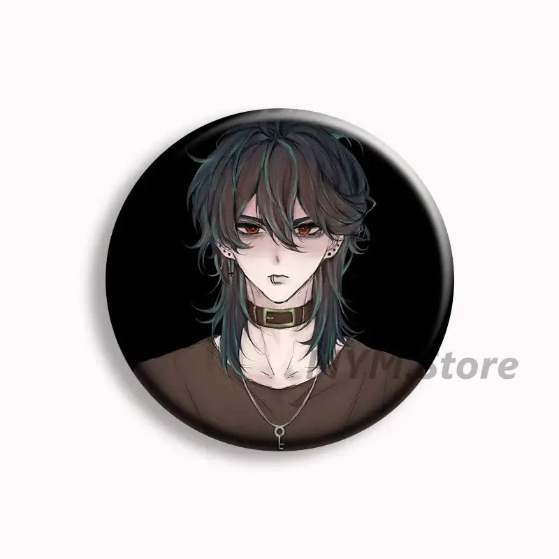 Circular black button pin featuring an anime character with dark hair red eyes wearing a gold choker and silver key necklace brugmansia button