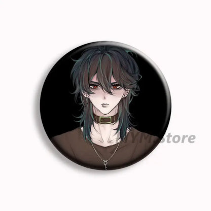 Circular black button pin featuring an anime character with dark hair red eyes wearing a gold choker and silver key necklace brugmansia button