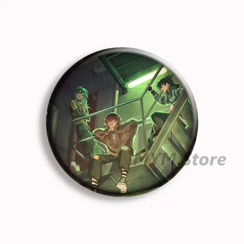 Circular button pins featuring an anime illustration of three characters in a dimly lit green-hued stairwell brugmansia button