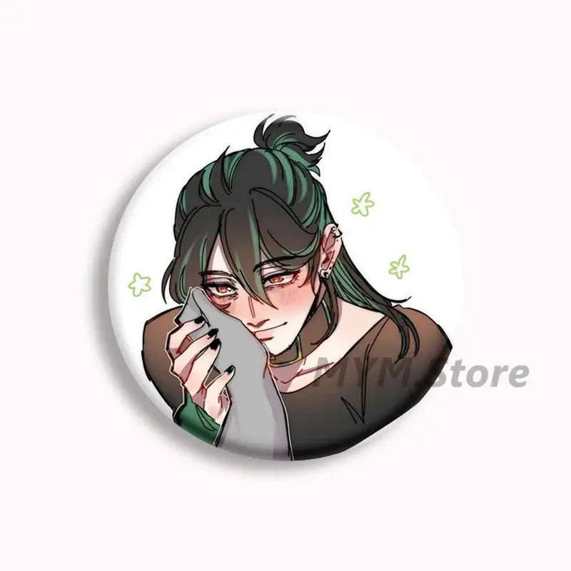 Circular white button pin featuring anime character with dark green hair holding a gray phone from brugmansia button series