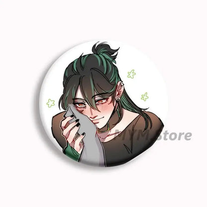 Circular white button pin featuring anime character with dark green hair holding a gray phone from brugmansia button series
