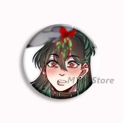 Circular button pins featuring an anime-style character with green hair red eyes and a red bow from brugmansia button collection