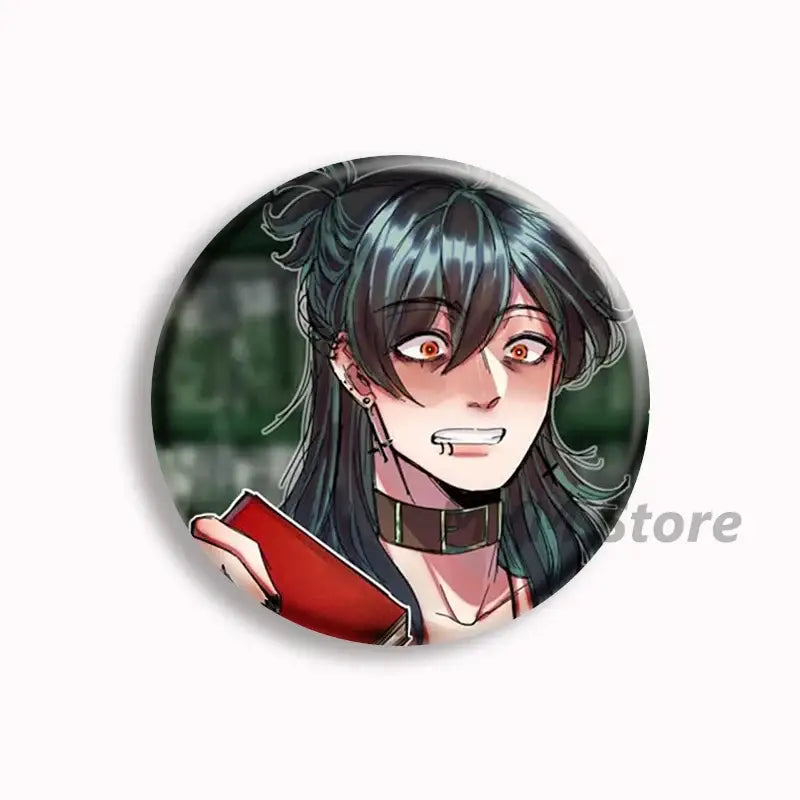 Circular button pin featuring an anime character with dark teal hair, orange eyes, and a red book for brugmansia button pins