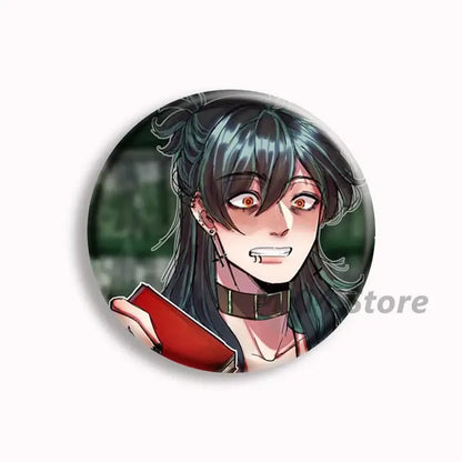 Circular button pin featuring an anime character with dark teal hair, orange eyes, and a red book for brugmansia button pins