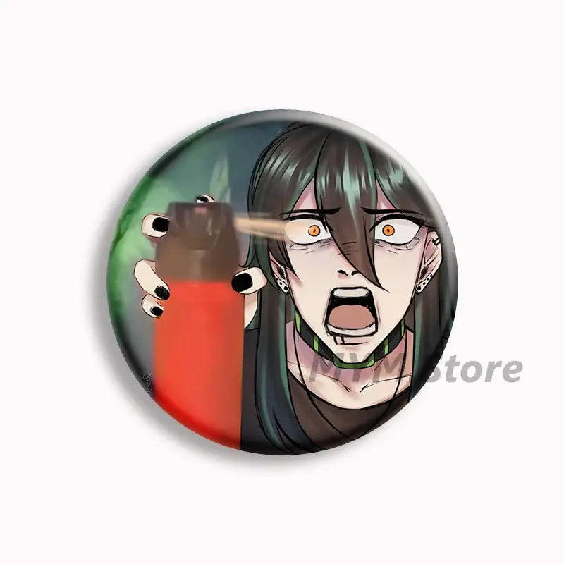 Circular brugmansia button pin featuring an anime character with dark hair and orange eyes holding a red spray can