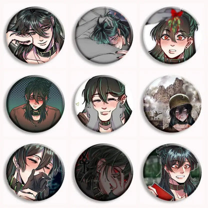Nine circular button pins featuring dark-haired anime figure with varied expressions from the kid at the back brugmansia button collection