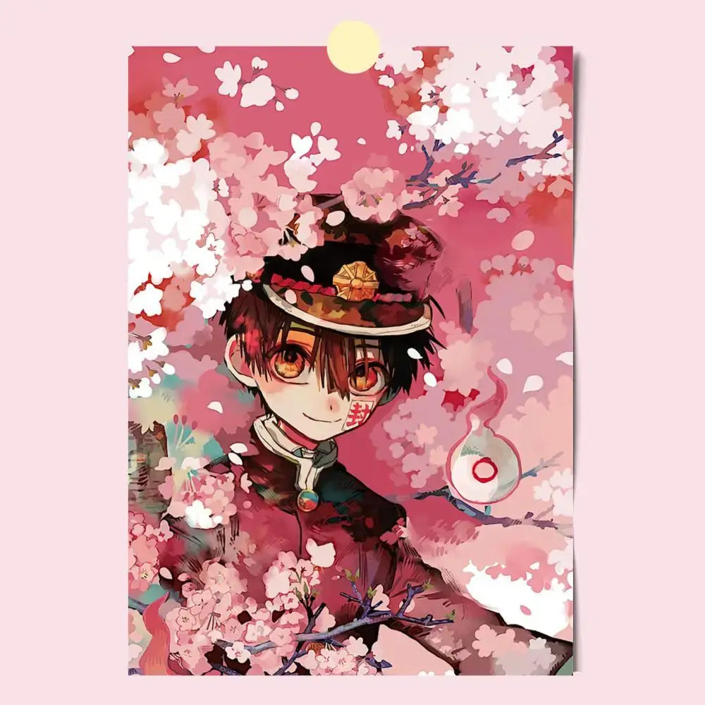 Toilet bound hanako poster featuring vibrant pink and white cherry blossoms with a character in traditional attire