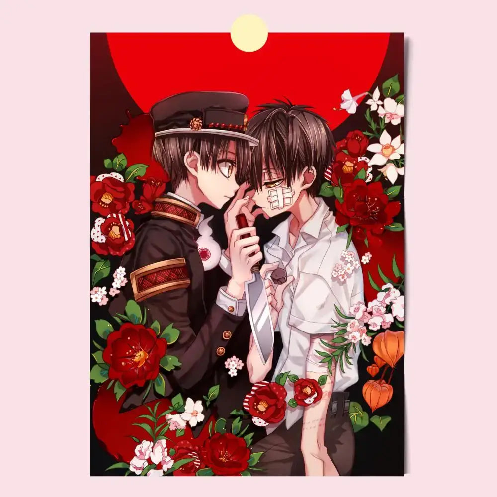 Anime-style toilet bound hanako-kun poster print featuring two characters in dramatic pose on red floral background
