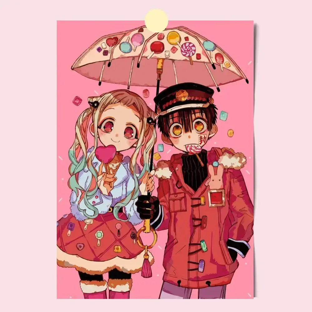 Toilet bound hanako kun poster featuring a whimsical pink umbrella with colorful candy decorations in hd print