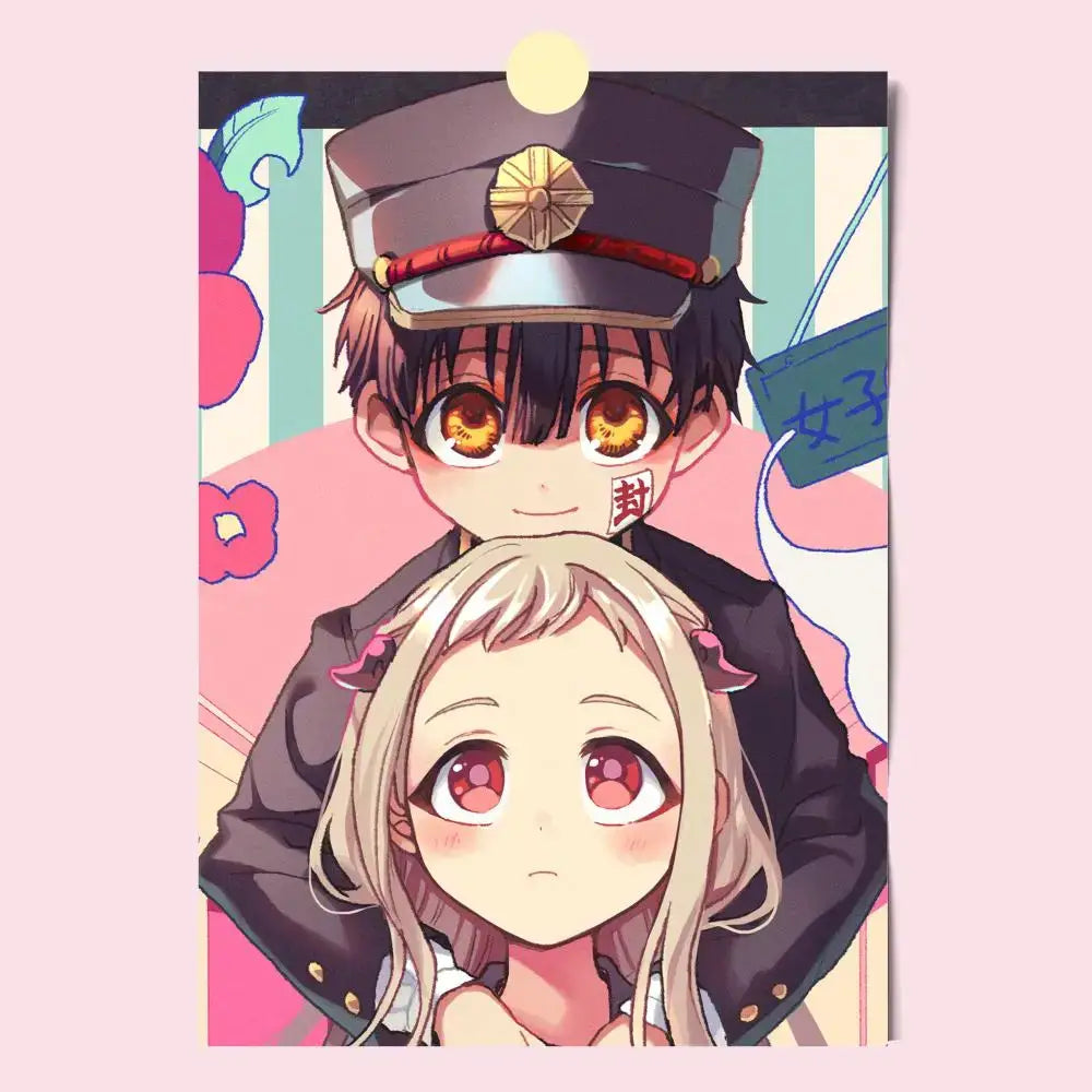 Anime-style toilet bound hanako-kun poster featuring two characters with dark hair and a military cap and blonde hair with pink ears