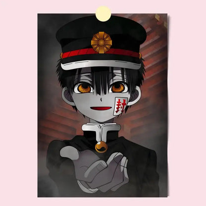 Toilet bound hanako-kun poster featuring a black and red stylized anime character in uniform with gold accents in hd print