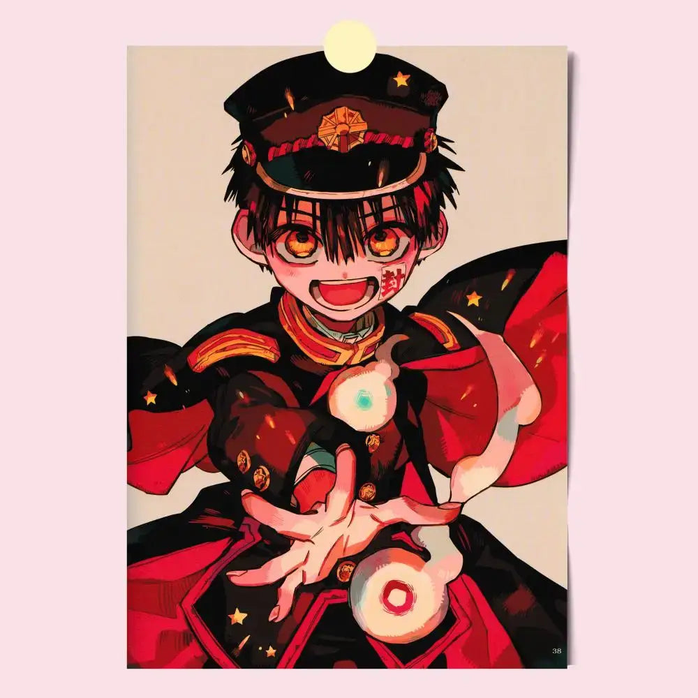 A vibrant toilet bound hanako-kun poster featuring a cheerful character in a black red and gold uniform with a star-adorned cap