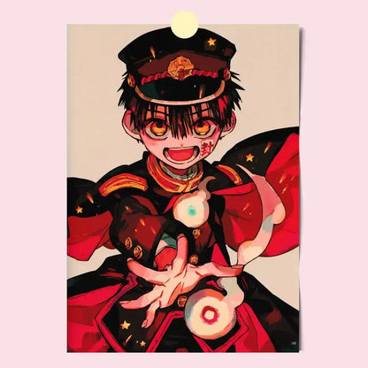 A vibrant toilet bound hanako-kun poster featuring a cheerful character in a black red and gold uniform with a star-adorned cap