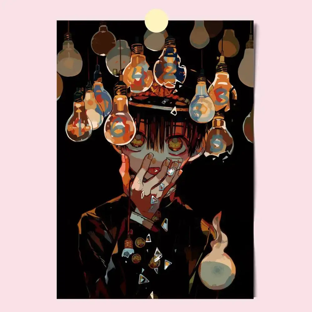 Toilet bound hanako poster hd wall print featuring dark-toned anime character with glowing orange eyes and hanging lightbulbs
