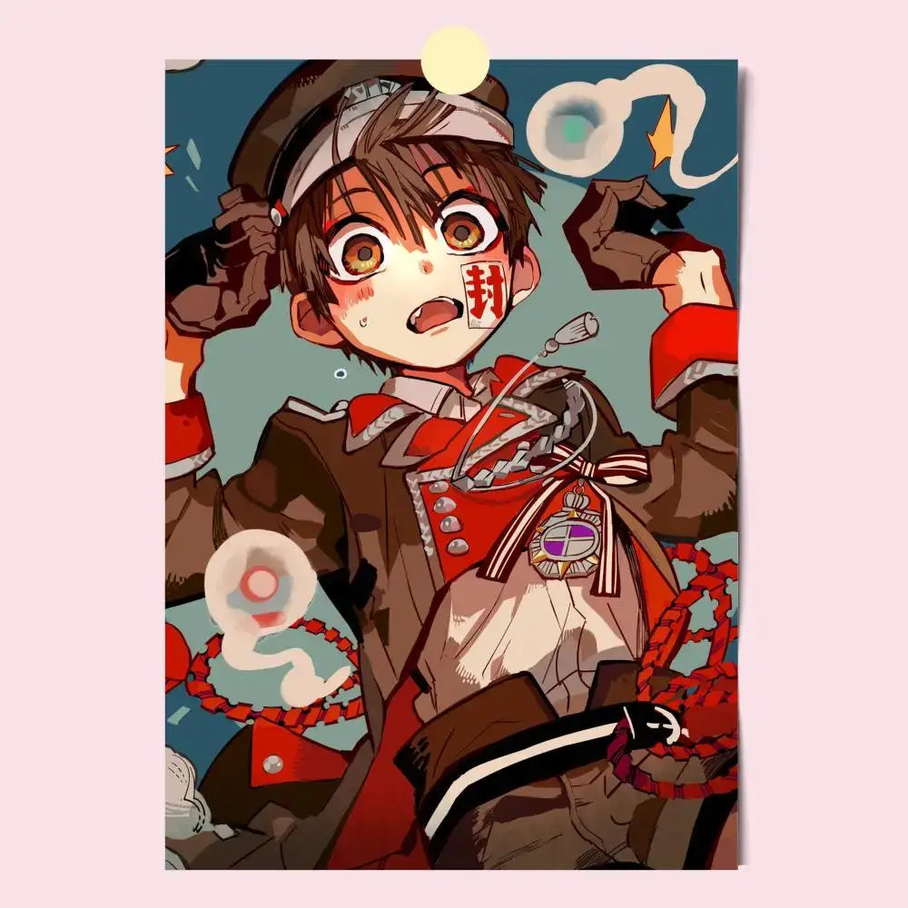 Anime-style poster of a young boy in a brown and red uniform with silver buttons and matching cap for toilet bound fans
