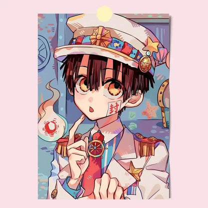 Toilet bound hanako-kun hd wall print featuring a colorful anime boy in a white captain hat with gold stars and red uniform accents