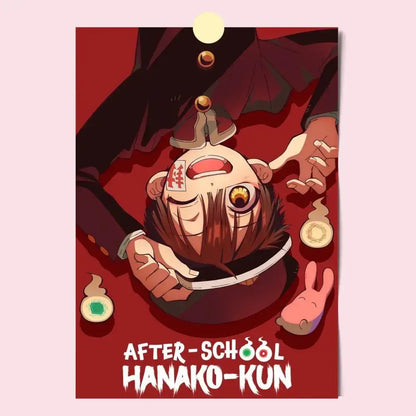 Red toilet bound hanako-kun poster featuring anime character with brown hair and dark uniform surrounded by coins and bunny