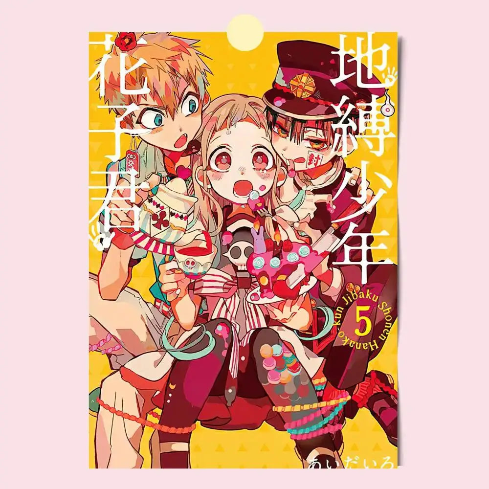 Vibrant yellow toilet bound hanako kun manga cover poster with three anime characters and volume 5 bold japanese text