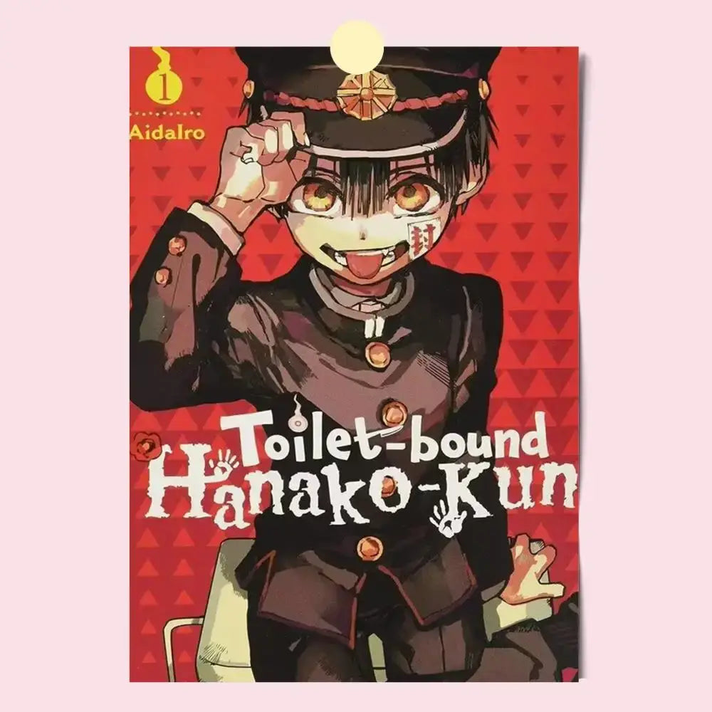 Red and black illustrated toilet bound hanako-kun poster featuring aidalro in a school uniform with gold buttons