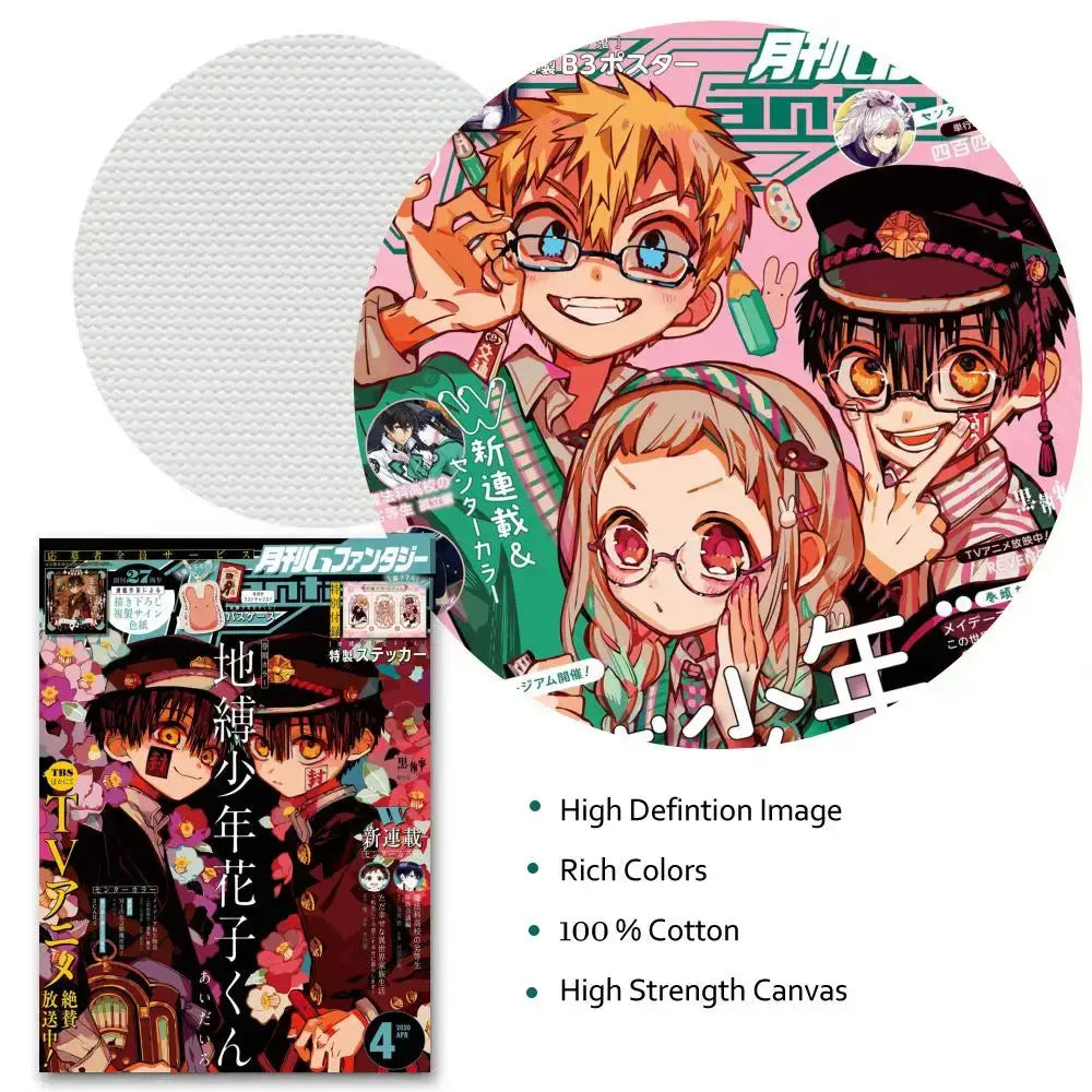 Circular toilet bound anime-themed canvas with vibrant danganronpa characters on textured cotton fabric wall art