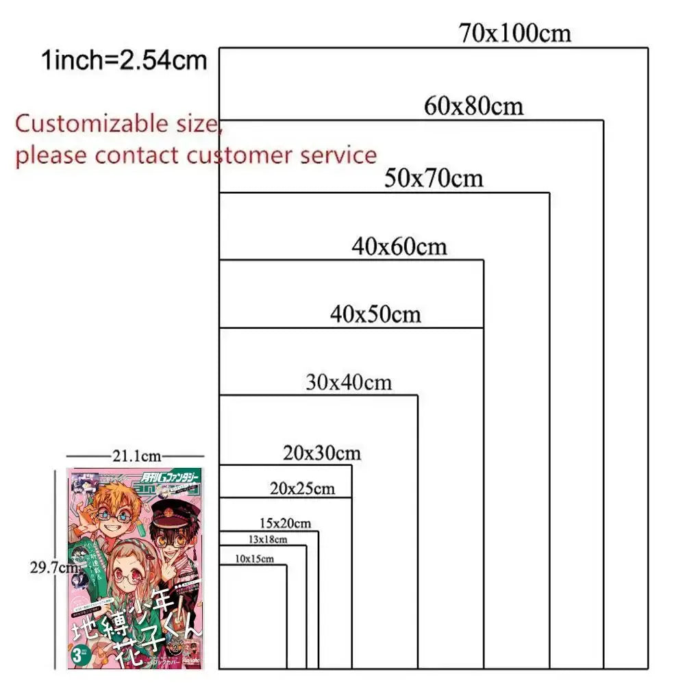Colorful toilet bound hanako-kun manga poster featuring three vibrant pink green and blue animated characters in hd print