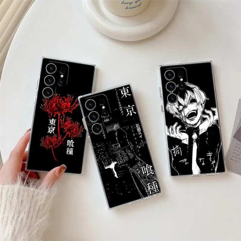 Back side of black transparent tokyo ghoul kaneki clear phone case with anime red flowers for samsung s25 ultra