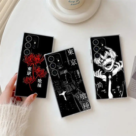 Back side of black transparent tokyo ghoul kaneki clear phone case with anime red flowers for samsung s25 ultra