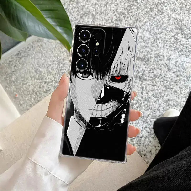 Clear phone case featuring black and white tokyo ghoul kaneki design with red eye for samsung s25 ultra back side