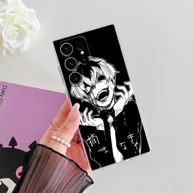 Clear phone case for samsung s25 ultra featuring black and white tokyo ghoul kaneki anime illustration on back side