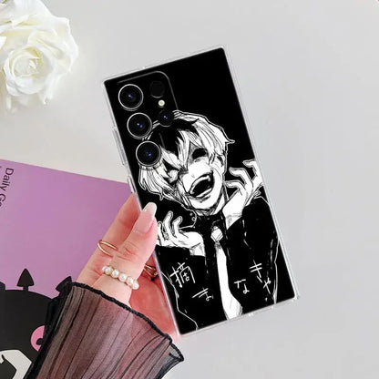 Clear phone case for samsung s25 ultra featuring black and white tokyo ghoul kaneki anime illustration on back side