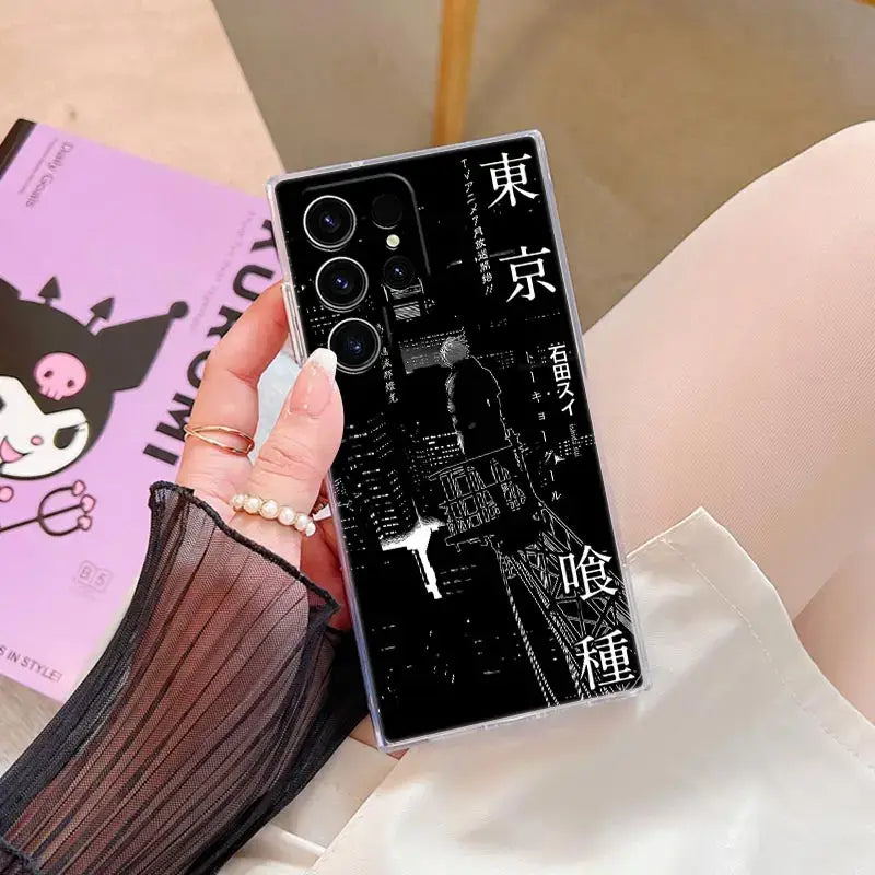 Back side of a black Tokyo Ghoul Kaneki clear phone case with white Japanese text and cityscape for Samsung S25 Ultra
