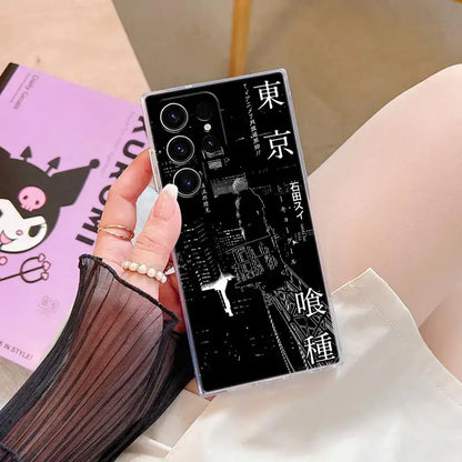 Back side of a black Tokyo Ghoul Kaneki clear phone case with white Japanese text and cityscape for Samsung S25 Ultra