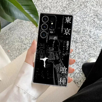 Black transparent phone case with white tokyo skyline line art and japanese text for samsung s25 ultra tokyo ghoul