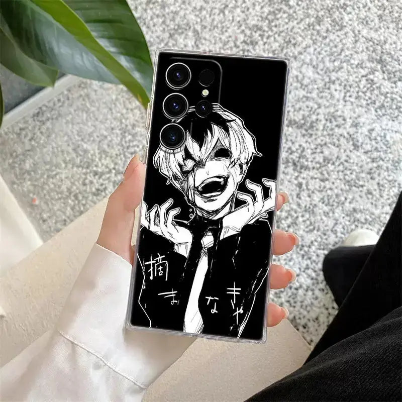 Back view of tokyo ghoul kaneki clear phone case with black and white anime illustration for samsung s25 ultra
