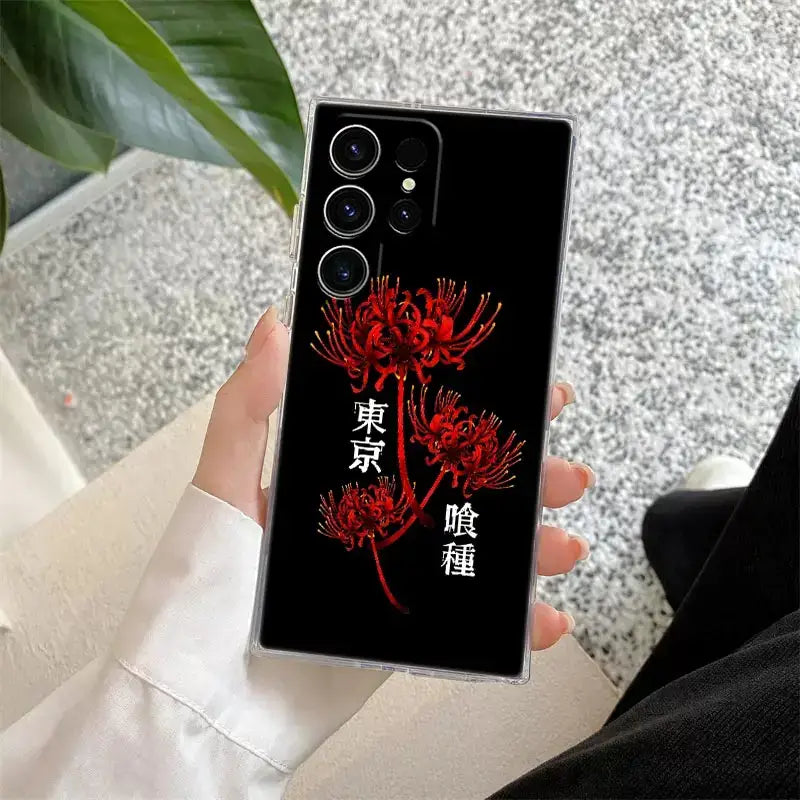 Back side of a black tokyo ghoul kaneki clear phone case with red spider lilies and japanese characters for samsung s25 ultra