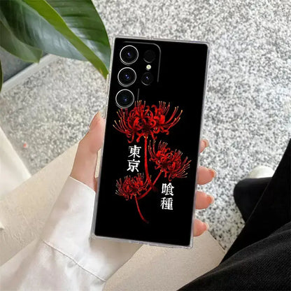 Back side of a black tokyo ghoul kaneki clear phone case with red spider lilies and japanese characters for samsung s25 ultra