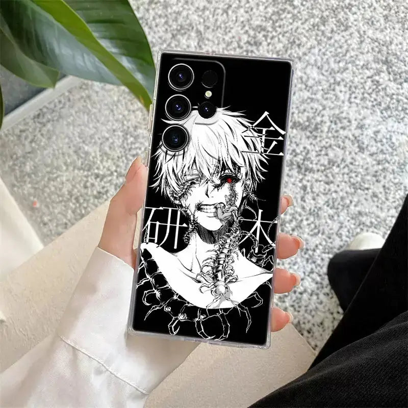 Black and white tokyo ghoul kaneki clear phone case with red eye and skeletal chains for samsung s25 ultra back side