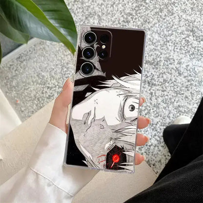 Back view of tokyo ghoul kaneki clear phone case for samsung s25 ultra featuring black and white anime art with red eyes
