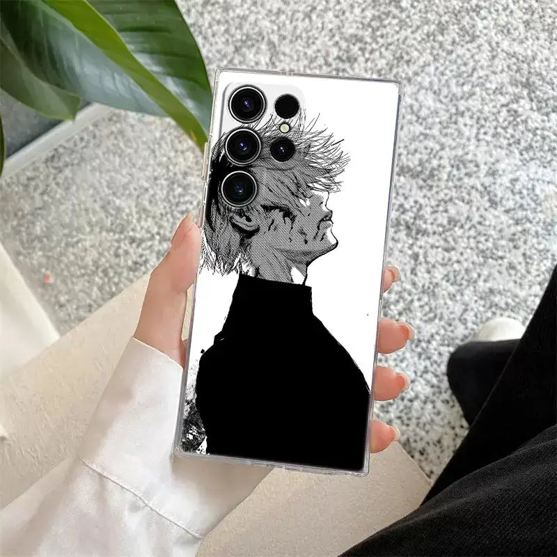 Clear phone case for samsung s25 ultra featuring black and white tokyo ghoul kaneki anime illustration on back side