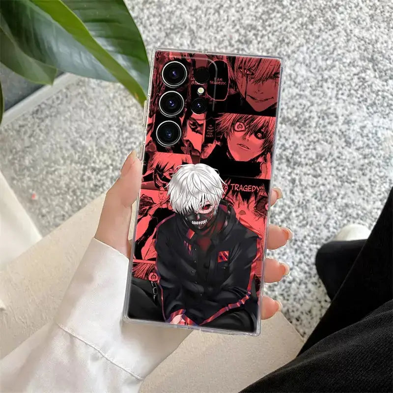 Clear phone case for samsung s25 ultra featuring vibrant red and black tokyo ghoul kaneki ken design with white hair on back side