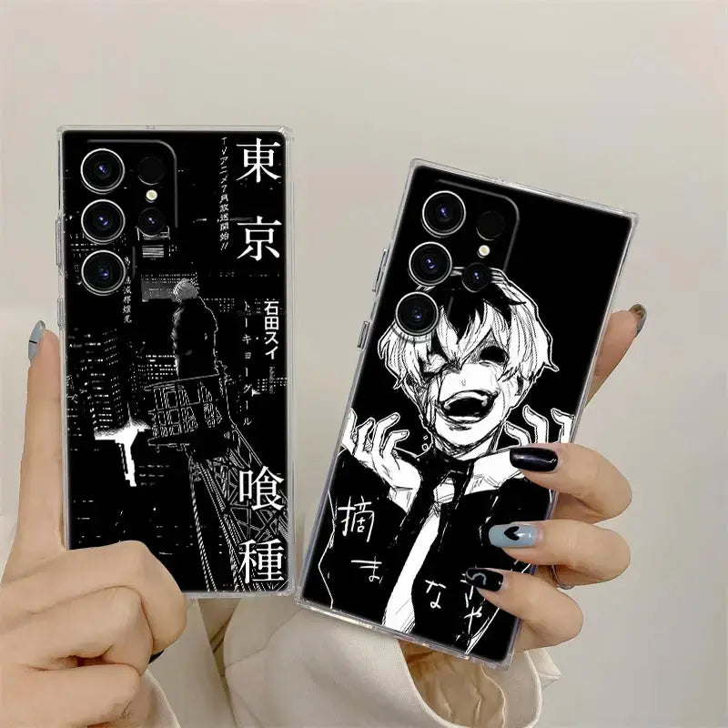 Two black and white anime-themed tokyo ghoul kaneki clear phone cases for samsung s25 ultra featuring cityscape and character designs